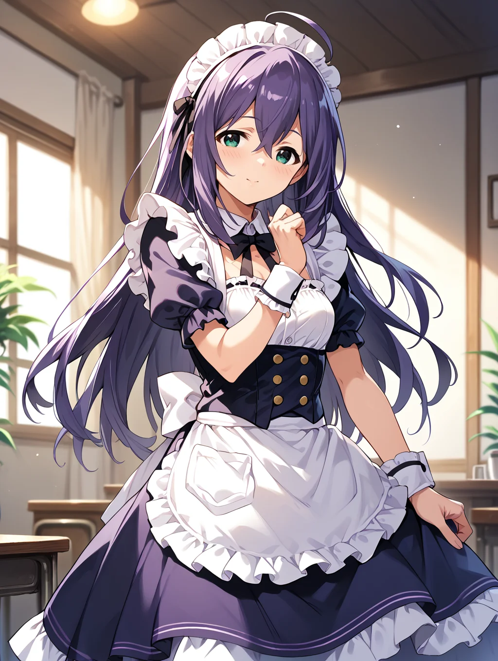 score_9,score_8_up,score_7_up,
official art,official style,game cg,megami magazine,
uncensored,
1girl,solo,
mochizuki anna,purple hair,green eyes,ahoge,long hair,
purple dress,maid headdress,maid,
<lora:idolmaster_mochizuki_anna_pony_v1.1-000006:1>,