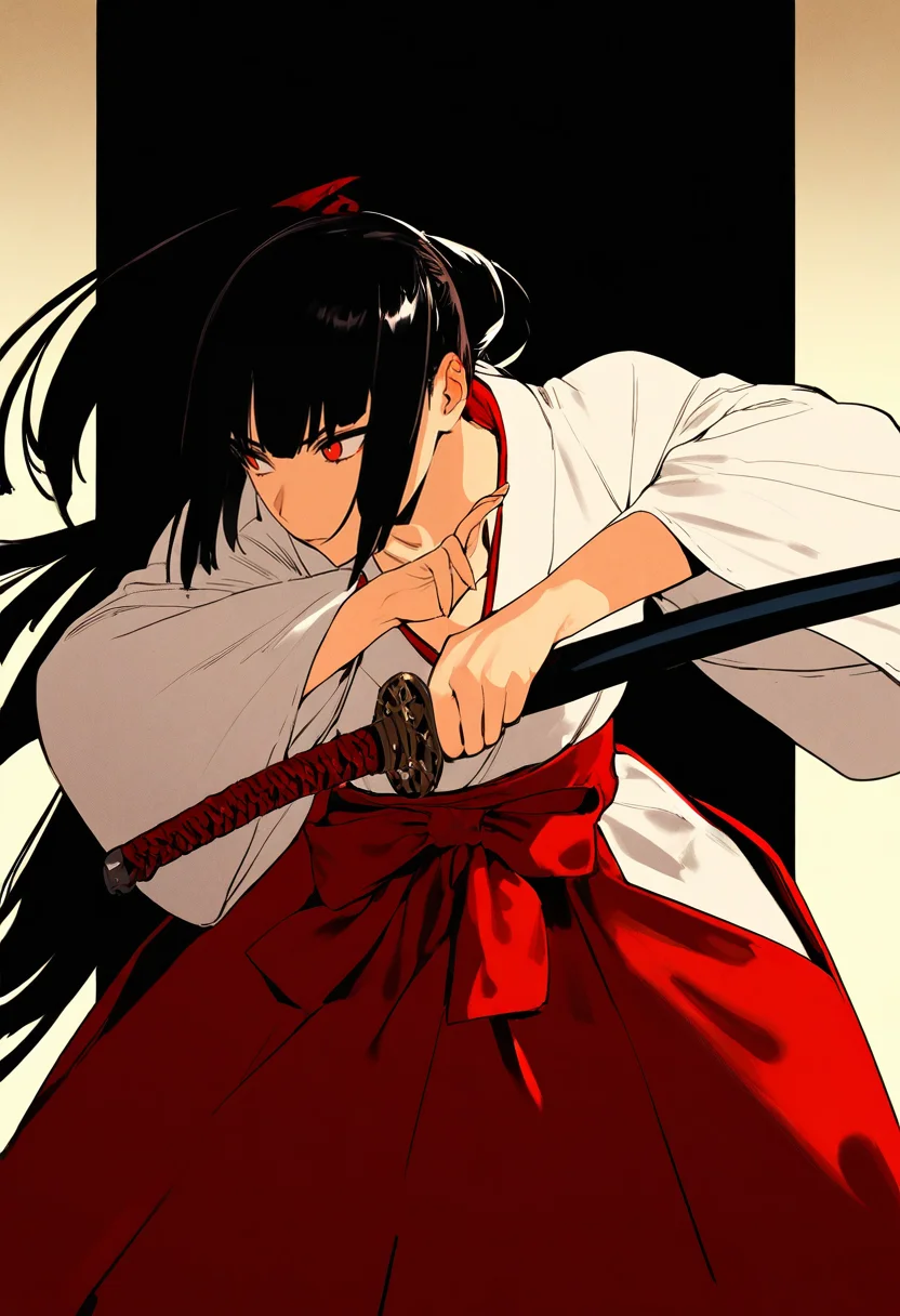 (happoubi jin:0.3), (ask \(askzy\):0.4), (pija:0.5),(remsrar:0.2),
1girl, miko, blunt bang, hakama, looking away,
ready to draw, fighting stance, sheath, katana, 
sensitive,
(high_contrast,drop_shadow,chromatic_aberration:0.5)
(illustration:0.5), (anime colored:0.7),(ai-generated:0.5),
masterpiece, best quality, newest, absurdres, highres,