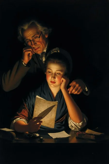 josephwright1 painting.
A young woman sits at a table in a dimly lit room, illuminated by a single light source. She is reading a piece of paper she holds. She wears a dark blue garment with a white collar and has a focused expression. On the table are several pieces of paper, a quill pen, and a small book or document. Behind her, an elderly man wearing glasses leans forward, resting his hand on her shoulder with a concerned expression. The lighting creates a dramatic contrast. <lora:josephwright1_cap_d6a3e12:1.0><lora:849099507307180879:0>