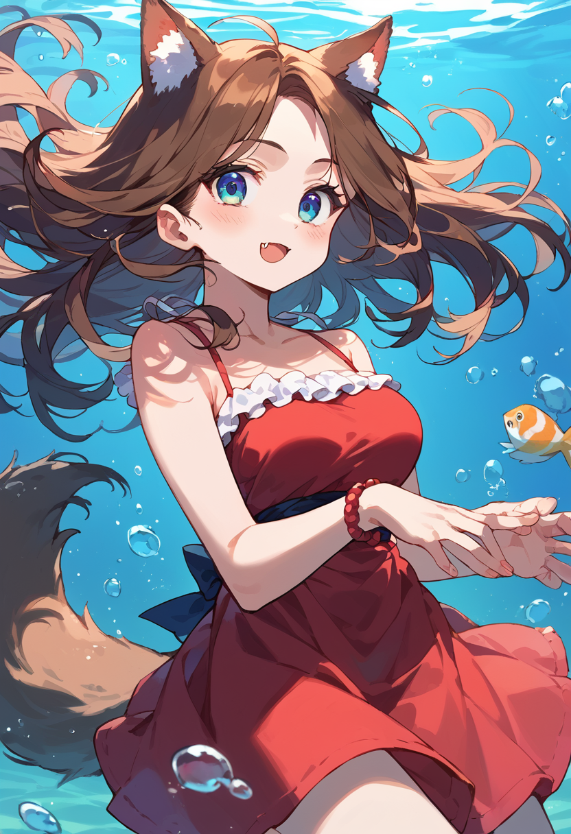 score_9,score_8_up,score_7_up,source_anime,zPDXL,
*//*,1girl,short stature,(twenties female:0.6),medium breasts,skin fang,
(brown hair:1.2),(straight hair, long hair:1.3),lovely big eyes,wolf ears,wolf tail,bare shoulders,human hands,
red sleeveless,(red tank dress:1.2),clavicle,shoulder strap,white frills,
*//*,underwater,<lora:underwater_pony_V1.0:0.6>,