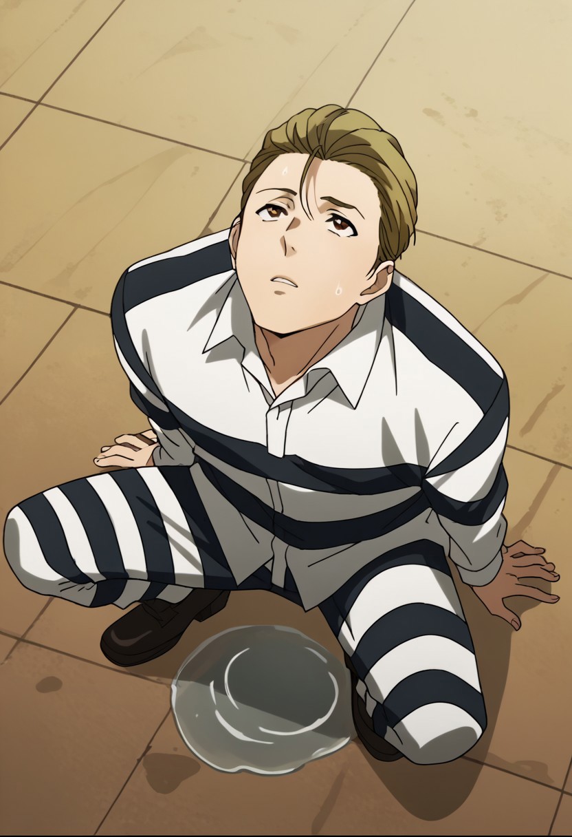 score_9, score_8_up, score_7_up, source_anime, rating_safe, Shinprison, 1boy, male focus, anime screencap, prison wear, collared white striped-shirt, white striped pants, squatting, on wet puddle, from above, looking up, No public indecency people! That's just a rain puddle