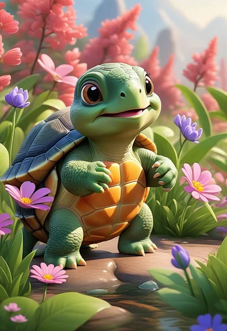 cute cartoon character, TURTLE enjoying springtime flowers, (((masterpiece))),(best quality)