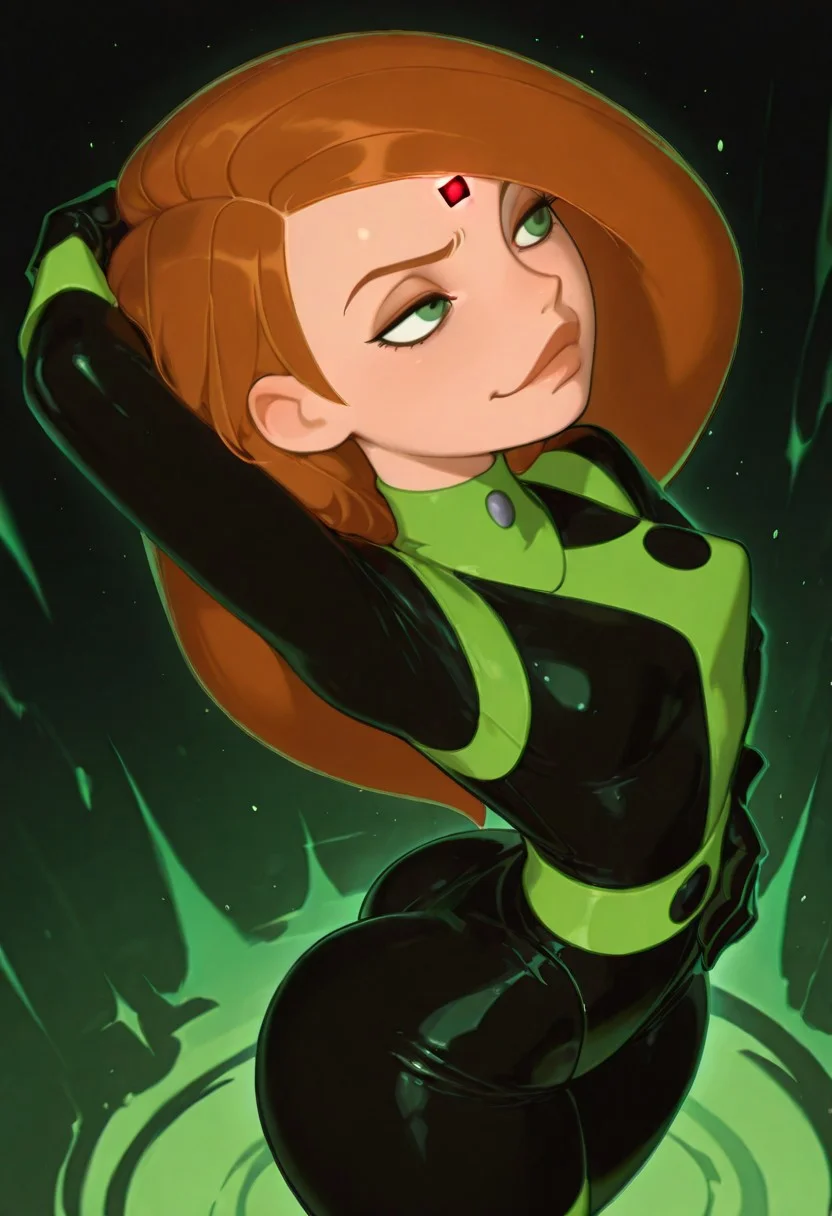1girl, solo, masterpiece, best quality, amazing quality, absurdres BREAK mind control chip, kim possible, ginger hair, long hair, green eyes, forehead ornament, glowing red light, skinny, black and green bodysuit, two-toned uniform, gloves, green belt, evil eyes, smug, alluring, posing, dynamic pose, sexy, alluring, one hand behind head, one hand on hips, hips to side, wide hips, bubble butt, curvy, small breasts, dynamic pose, sexy, from above, green aura
