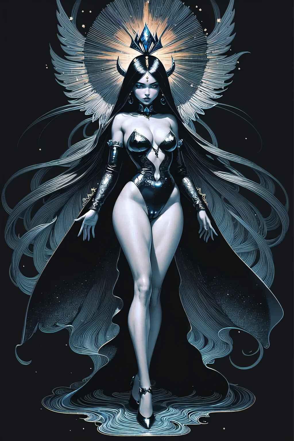 black background, (masterpiece, best_quality, ultra-detailed, immaculate:1.3), epic, illustration, 1girl, (dimensional Vorticism:1.3) angel, full body, cameltoe, [:colorful costume design,:0.2], official art, (african, dark skin:0.6), dramatic slate blue lighting , at a dark library, bombshell hair, crimson hair with blue-grey highlights, swept bangs,Beehive, rabbit pose <lora:EnvyMetalMix01:1>