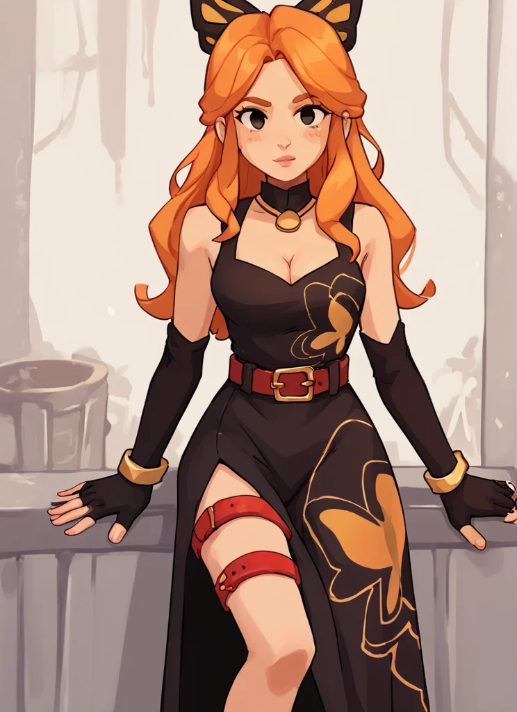 score_9, score_8_up, score_7_up, 1 girl , bpiper , orange hair, long hair, butterfly hair ornament, cleavage , black sleeveless dress,long dress, pelvic curtain, red thigh strap, belt , black elbow gloves, fingerless gloves <lora:bpiper-000004:1> <lora:Yagi_the_Goat_Style:1>by s1120411 ,looking at viewer,