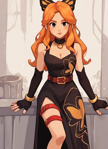 score_9, score_8_up, score_7_up, 1 girl , bpiper , orange hair, long hair, butterfly hair ornament, cleavage , black sleeveless dress,long dress, pelvic curtain, red thigh strap, belt , black elbow gloves, fingerless gloves <lora:bpiper-000004:1> <lora:Yagi_the_Goat_Style:1>by s1120411 ,looking at viewer,