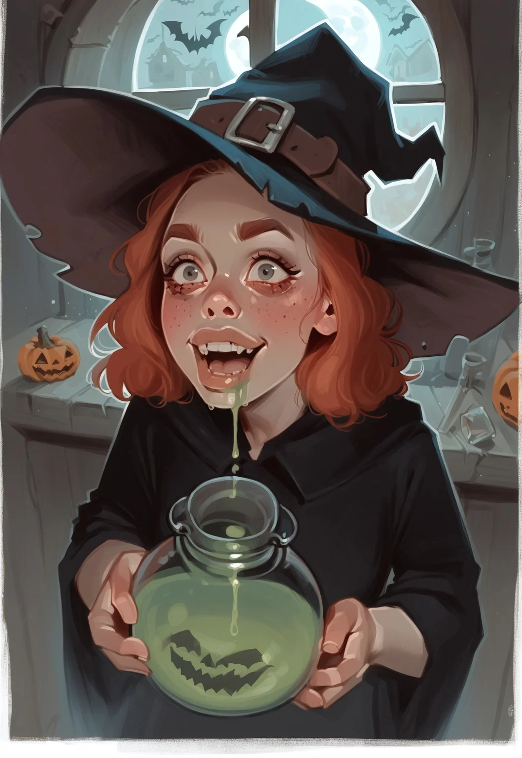 score_9, score_8_up, score_7_up, score_6_up, 1 woman, portrait, 25yo, ginger, grey eyes, witch hat, Brews a potion, a jar of green liquid, crazy, indoor, witch house, night, window, moon, fog, halloween pumpkin, bats, from above, face focus, rating_safe