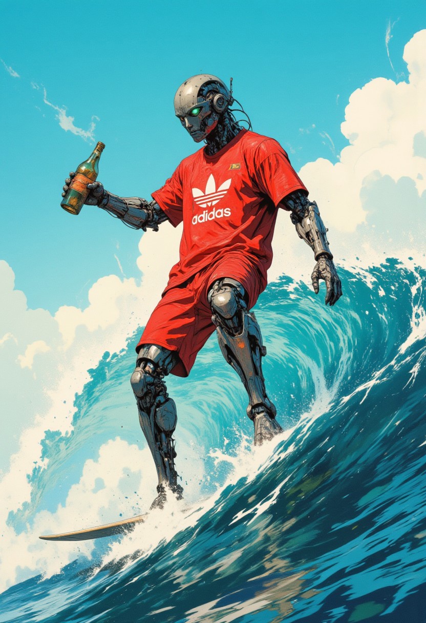 A futuristic humanoid droid surfing on a vibrant wave under a bright blue sky, wearing modern streetwear (red Adidas shirt and sports shorts). The robot is holding a bottle, embodying a playful and stylish urban aesthetic. The composition is dynamic, with clean outlines, saturated colors, and a crisp, sunny atmosphere. Emphasis on blending high-tech robotics with casual