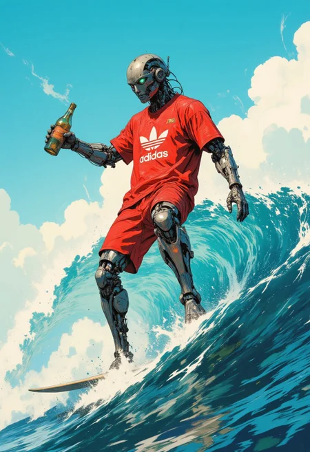 A futuristic humanoid droid surfing on a vibrant wave under a bright blue sky, wearing modern streetwear (red Adidas shirt and sports shorts). The robot is holding a bottle, embodying a playful and stylish urban aesthetic. The composition is dynamic, with clean outlines, saturated colors, and a crisp, sunny atmosphere. Emphasis on blending high-tech robotics with casual