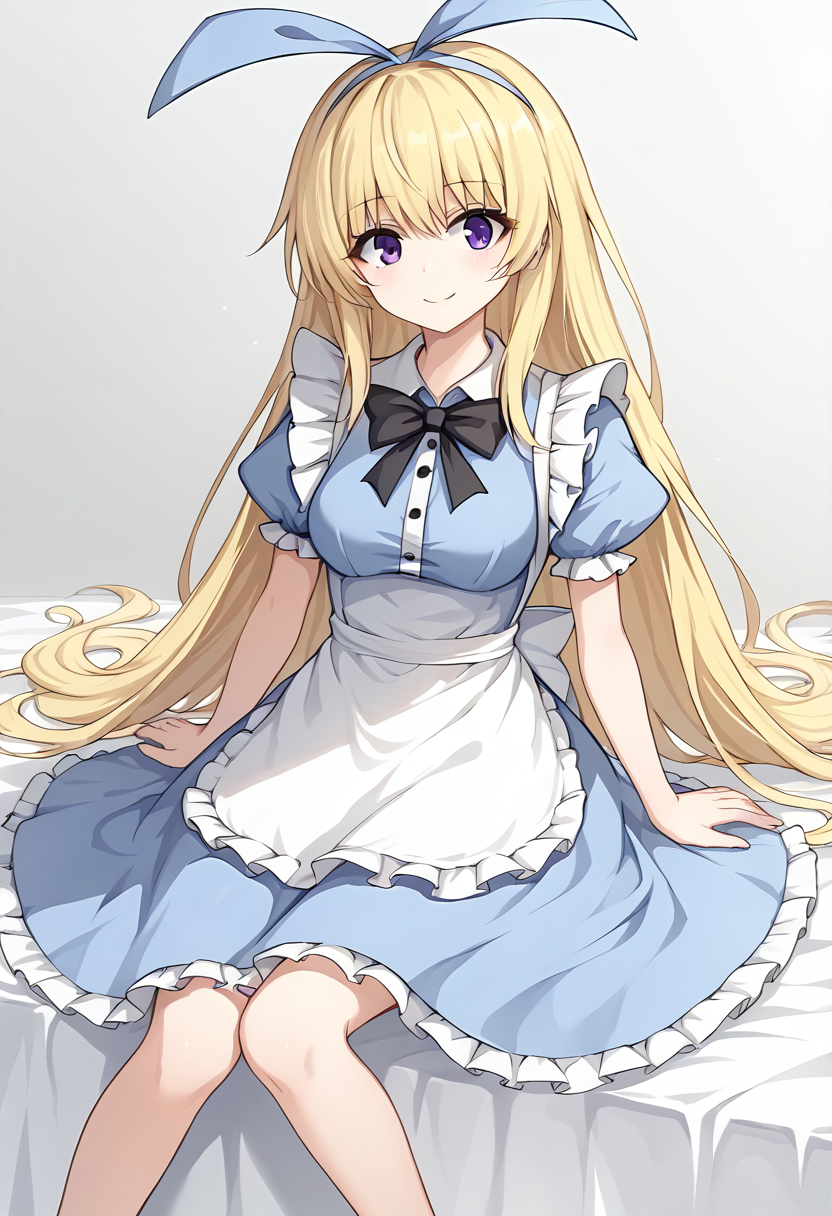score_9, score_8_up, score_7_up, source_anime, AliceSisterBS2, 1girl, long hair, solo, blonde hair, dress,  apron, bow, purple eyes, ribbon, short sleeves, hair ribbon, blue ribbon, blue dress, looking at viewer, puffy sleeves, puffy short sleeves, bowtie, white apron, very long hair, black bow, medium breasts, <lora:Alice Sister BS2 xl pony:0.8>, gray background, gradient background, sitting, hips, thighs, sitting on the bed, smile