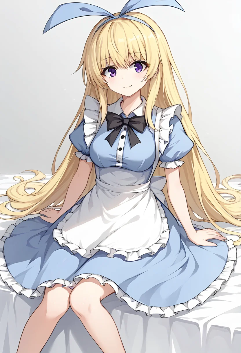 score_9, score_8_up, score_7_up, source_anime, AliceSisterBS2, 1girl, long hair, solo, blonde hair, dress,  apron, bow, purple eyes, ribbon, short sleeves, hair ribbon, blue ribbon, blue dress, looking at viewer, puffy sleeves, puffy short sleeves, bowtie, white apron, very long hair, black bow, medium breasts, <lora:Alice Sister BS2 xl pony:0.8>, gray background, gradient background, sitting, hips, thighs, sitting on the bed, smile