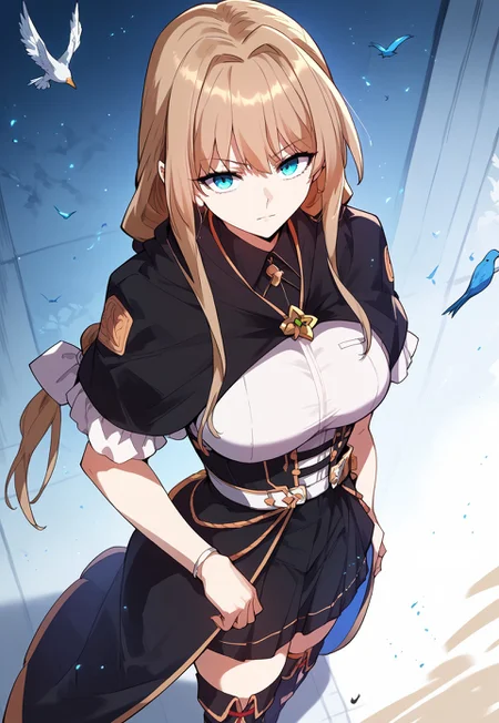 zPDXL3, score_9_up, score_8_up, score_7_up, (Anime_source), 1girl, RRinHoshigane, blue yes, light brown hair, long hair, singe braid, Hoshigane clothes, cowboy shot, from above, dutch angle, looking at viewer, particles, birds,