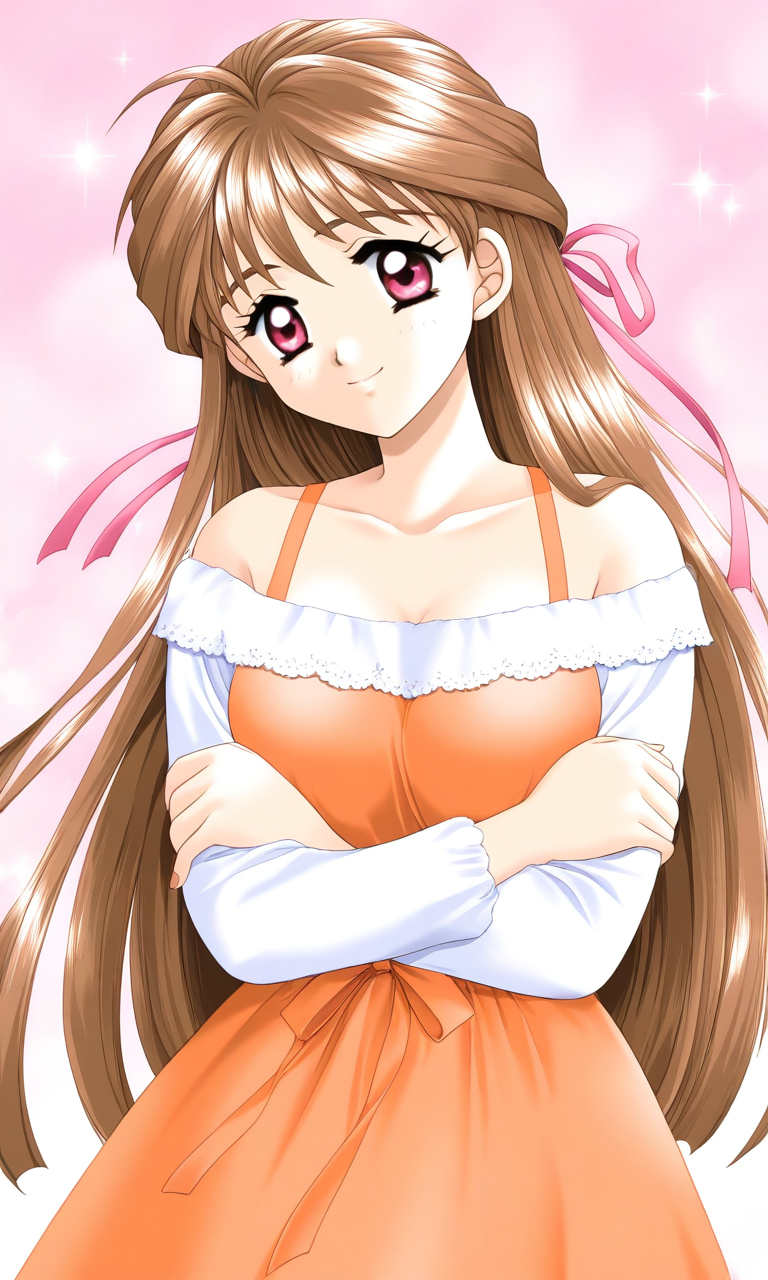 general,highres, ultra-detailed,very aesthetic,best quality ,best hands, BREAK <lora:Minamizato_Ai_kakyuusei_Ver2.0_IS:1> Minamizato_Ai(kakyuusei), 
1girl, solo, brown hair, long hair, bangs, pink eyes,  breasts, hair ribbon, pink ribbon, breasts, crossed arms, white shirt,
1girl, solo, long hair, brown hair, red eyes, transparent background, smile, looking at viewer, long sleeves, hair ribbon, collarbone, upper body, dress, ribbon, bare shoulders, very long hair, orange dress, bangs,