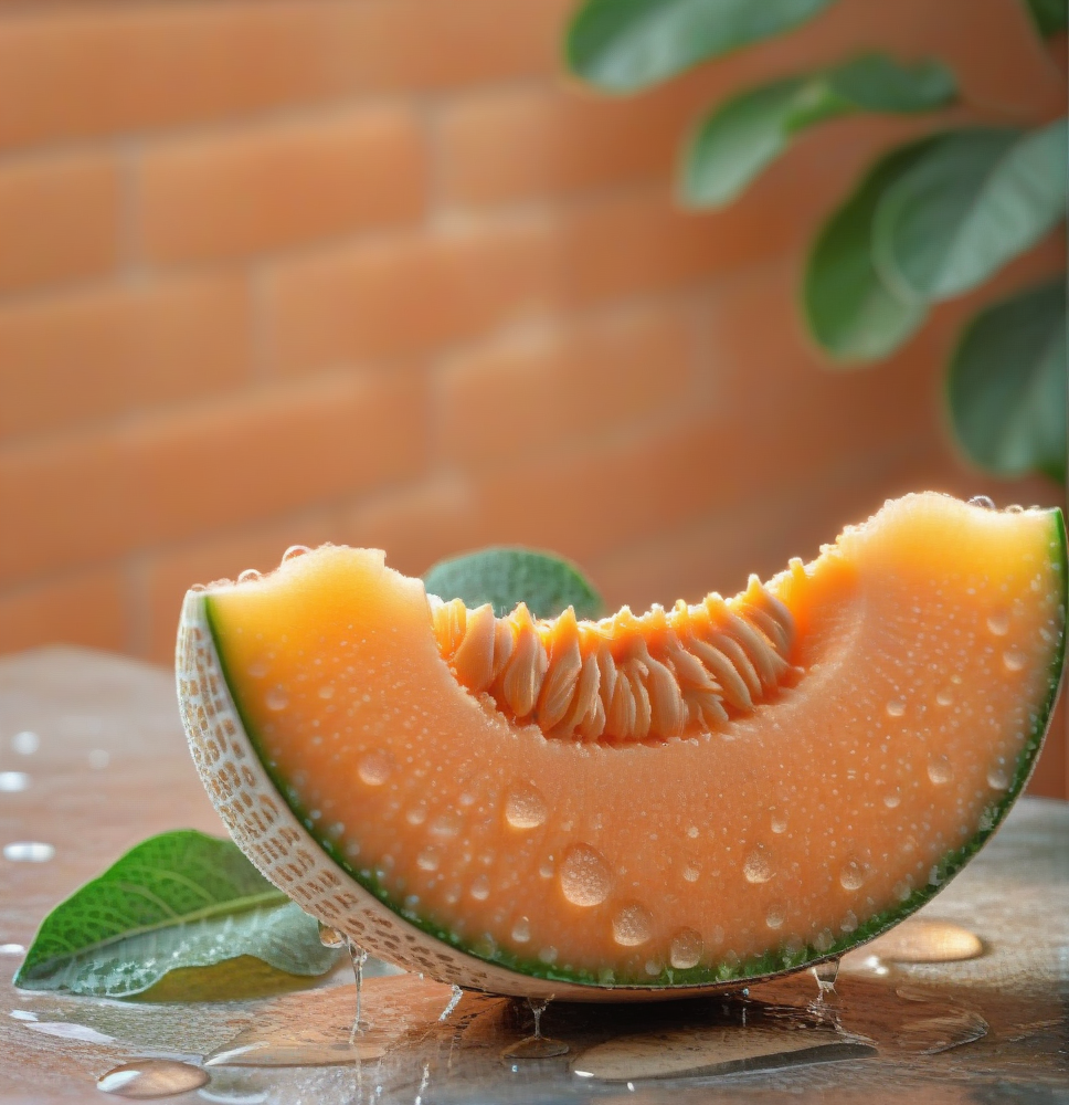 fruit photography,the image shows a cantaloupe with water droplets on it,sitting on a table with a wall and leaves in the background. the background is slightly blurred,giving the image a dreamy feel.,<lora:æ°´æ-000005:0.6>,