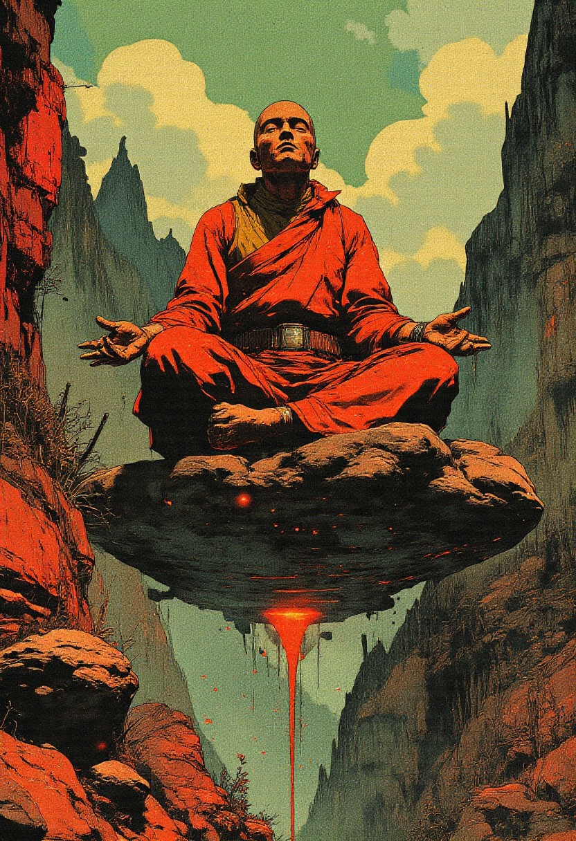This is a digital artwork in a graphic style with high contrast, grainy noise, and a 1970s dark fantasy vibe mixed with dark cyberpunk art. The scene shows a monk levitating above a rugged cliff, seated in the lotus position, hands on his knees, palms facing up, eyes closed in deep meditation. He wears a red robe with a yellow inner layer, his bald head and serene expression emphasizing inner calm.
The background features jagged mountains in deep red, muted green, and dark greys, creating a graphic, anime-retro aesthetic. The sky above is overcast, adding to the moody, cyberpunk atmosphere. The cliff beneath him is rough and uneven, with gritty, textured lines enhancing the dark fantasy feel.
The monk’s robe contrasts sharply with the jagged landscape, with bold curves and flowing lines. The color palette is dominated by reds, dark earth tones, and shades of green and grey, giving the piece a surreal cyberpunk vibrancy. The grainy, noisy texture and retro anime influences evoke a feeling of tension between spirituality and a dystopian world, creating a nostalgic yet futuristic atmosphere.