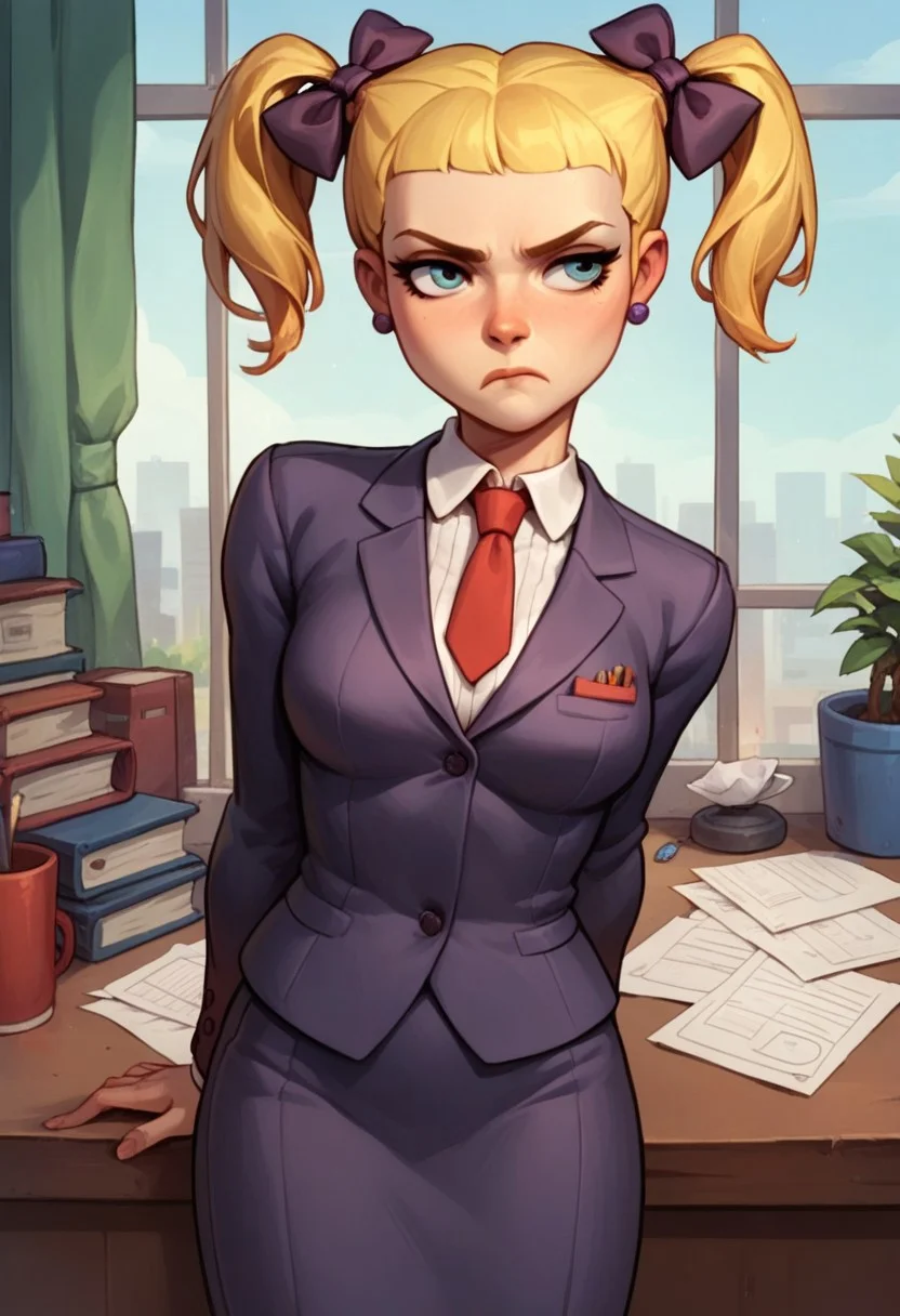 score_8, score_8_up, score_7_up, score_6_up, source_cartoon, BREAK, 1girl. blonde hair, twintails, dress, hair bow, aged up, adult, suit, tie, formal, office, frown