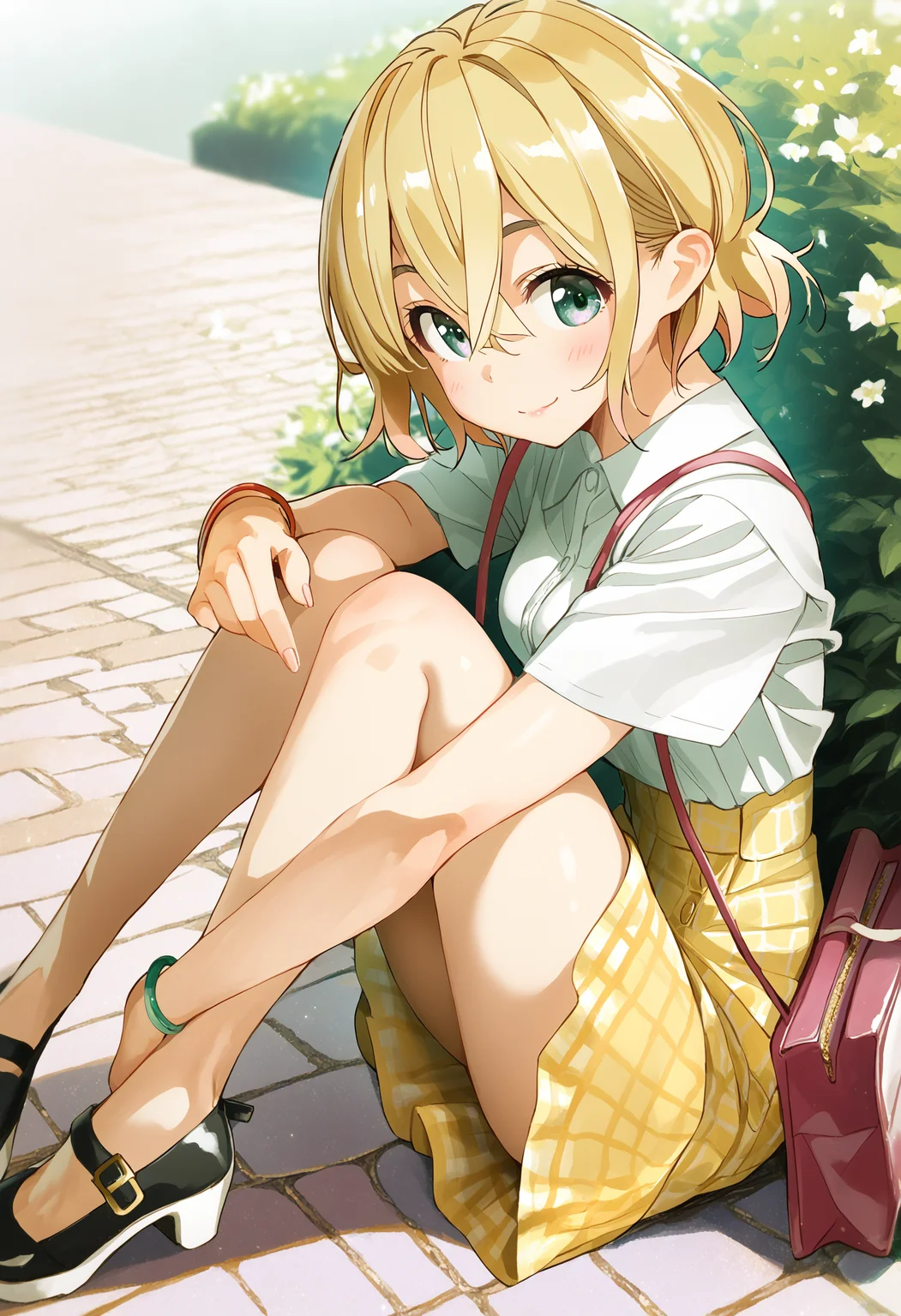score_9, score_8_up, score_7_up, score_6_up,
by miyajima reiji, nanami mami, 1girl, solo, smile, short hair, blonde hair, looking at viewer, bag, shirt, hair between eyes, full body, blush, short sleeves, bracelet, jewelry, closed mouth, yellow skirt, handbag, skirt, white shirt, green eyes, shorts, plaid,
sitting, knees up, mary janes,
outdoors,
from side, from above, close-up,
masterpiece, best quality
<lora:kanojookarisimasu_v10:1>