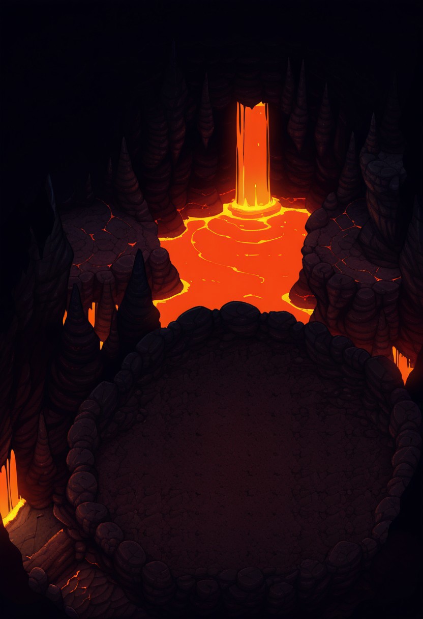 AMAZING QUALITY, MASTERPIECE, PARADOX PARALLAX, SCENERY, FROM ABOVE, VOLCANO, MOLTEN, ARENA, DARK, CAVE, ROCKS,