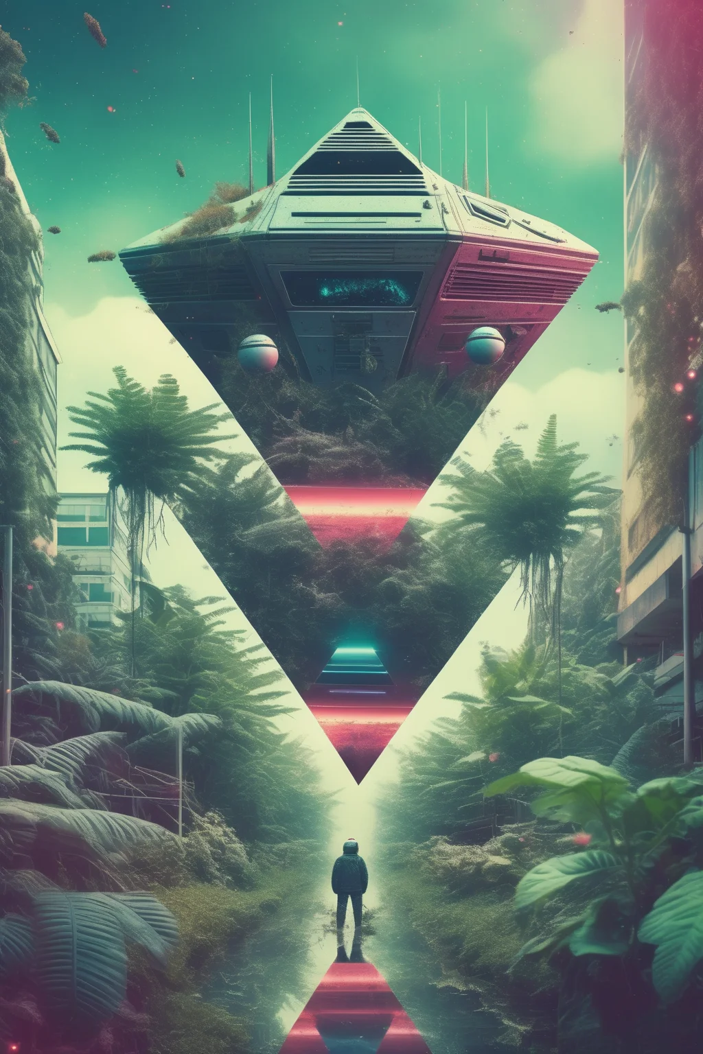<lora:Beeple (Mike Winkelmann) Style:1>Beeple (Mike Winkelmann) Style - Vintage 80s retro apocalyptic city scene overgrown with plants with a triangular alien space craft in the middle shot on medium format film mixed with VHS glitch