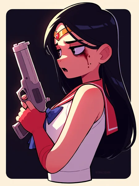 score_9, score_8_up, score_7_up, score_6_up, score_5_up, score_4_up, rating_safe
BREAK
sailor mars, circlet, black hair, black eyes, looking away, tired, half-closed eyes, bags under eyes, sigh, open mouth, looking down, blood on face, blood splatter,
BREAK
solo, portrait, magical girl, red serafuku, from side, (holding gun, handgun:1.2), blood on weapon, adjusting hair,
BREAK
black background, <lora:Lunas-Gaziter-SDXL-A1:1>