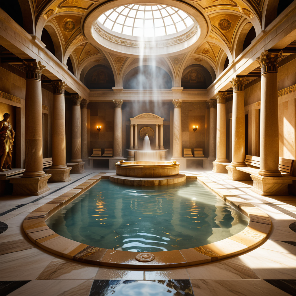 A highly detailed and realistic photograph of an ancient Roman sauna (thermae) from the time of Caesar, featuring grand marble architecture with intricate carvings and columns. The central bath is filled with steaming water, surrounded by polished marble tiles and mosaics depicting mythological scenes. The room is illuminated by natural light streaming through small openings in the high, domed ceiling, creating soft shadows and reflections on the water's surface. The atmosphere is hazy from the steam, and a few individuals dressed in Roman togas and tunics can be seen reclining on benches or chatting near the bath. The overall color palette includes shades of white, gold, and earthy tones, emphasizing the luxurious and serene environment.<lora:SDXLFaeTastic2400:0.4> <lora:extremely_detailed:0.4> extremely detailed, Masterpiece,best quality,hi res,8k,hi res,8k,award winning,(sharp focus, intricate, highly detailed),