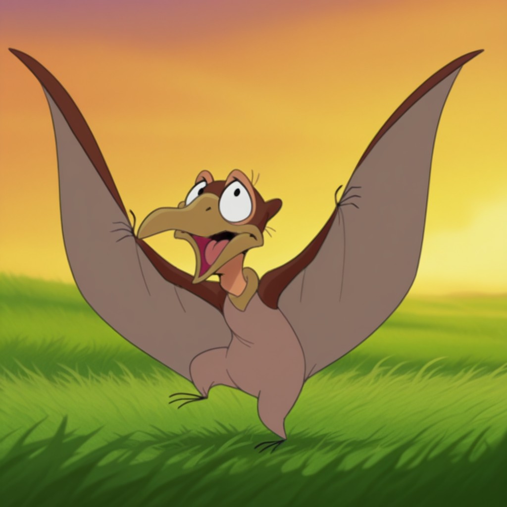 masterpiece, best quality, amazing quality, Petrielbtil, feral, male, Pteranodon, brown skin, black eyes, winged arms,  standing on one leg, outstretched arms, grass field, <lora:4f5525ec-f3db-4bc0-b577-ac28ac5b645c:1.0>