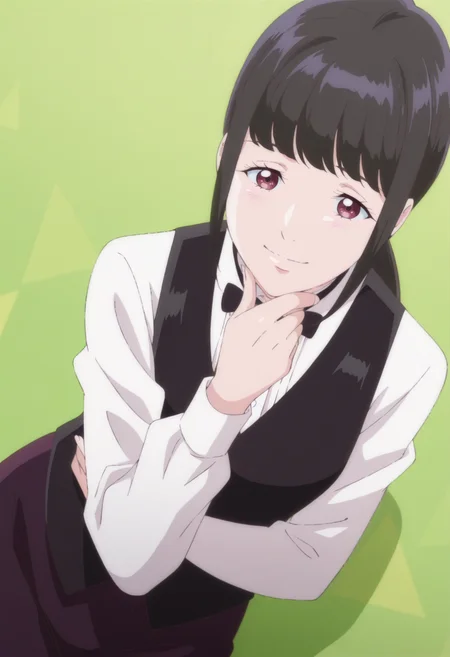 anime screencap, anime coloring, 1girl,  solo,   <lora:DX888AoiIL:1>kamimachi aoi, red eyes,  black hair, low ponytail, blunt bangs, bowtie, white shirt, black vest, waist apron, pants  BREAK green background, triangle background, BREAK dutch angle,  from above, dynamic pose, posing,  smile,   stroking own chin, reclining,