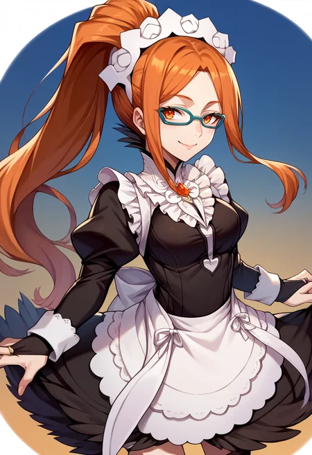 score_9, score_8_up, score_7_up, source_anime BREAK solo, 1girl, <lora:Hinako-pdxl_Fp-000006:1>, hinakokujou, orange hair, orange eyes, ponytail, hair ornament, smile, cleavage, glasses, <lora:fatesmaid-fe-richy-v1_pdxl:1>, fates maid, maid headdress, maid apron, bridal gauntlets, black thighhighs,