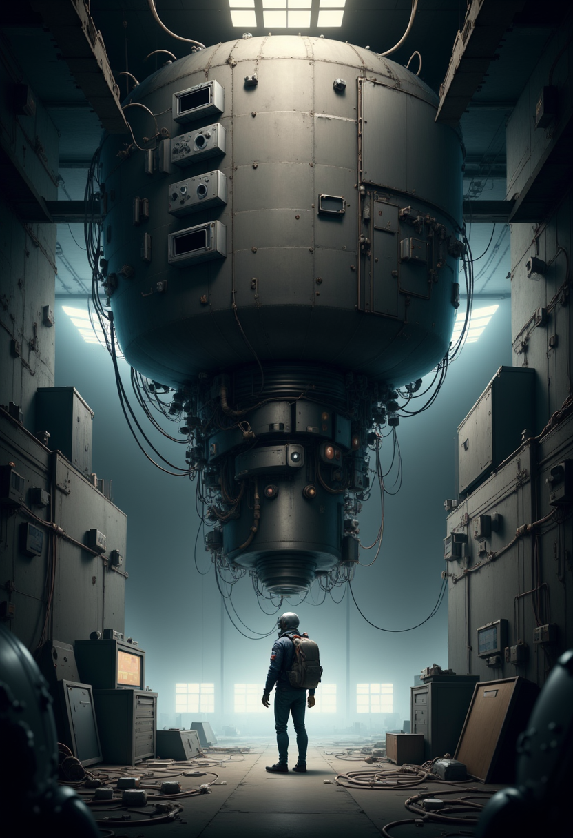 YFG-SpyWorld50s The image is a digital illustration of a futuristic space station. The focal point of the image is the central part of the space station, which appears to be a large, cylindrical structure with multiple windows on the left side. The structure is made up of multiple layers of metal, with intricate details and patterns. The top layer is covered in wires and cables, while the bottom layer is filled with wires and wires. The wires are connected to the structure, creating a chaotic and chaotic scene.  In the background, there is a large window that lets in natural light. The room is dimly lit, with a hint of blue and gray tones. A person is standing in the center of the room, facing away from the camera. The person is wearing a helmet and carrying a backpack, and there are several other objects scattered around the room. The overall mood of the illustration is eerie and mysterious.