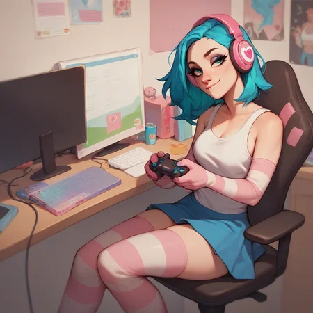 score_9, score_8_up, score_7_up, score_6_up,
dimly lit, computer chair, desk, bedroom, playing games,
1girl, breasts, tank top,
transgender pride colors,
elbow gloves, trans elbow gloves, striped gloves, thighhighs, skirt,
headphones, light smile, holding controller,
<lora:trans_colors-v15:0.8>