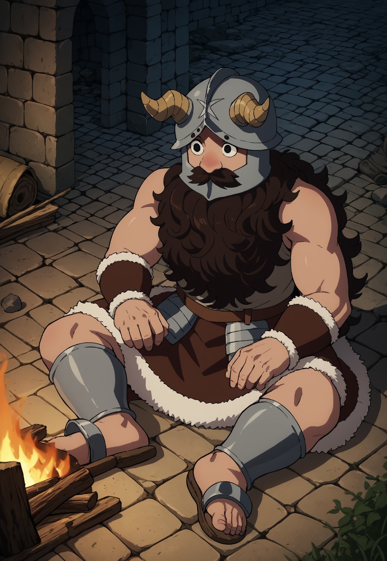 safe_pos, score_9, score_8_up, score_7_up, masterpiece, best quality, very aesthetic, absurdres, amazing quality, high resolution, ultra-detailed, volumetric lighting, newest, scenery, Dunmeshi_Senshi, 1boy, solo, dwarf, muscular, black eyes, brown hair, long hair, mustache, very long beard, horned helmet, covered face, white shirt, sleeveless shirt, sleeveless, bare shoulders, brown arm guards, fur-trimmed bracer, belt, fur-trimmed skirt, brown skirt, shin guards, sandals, sitting, on ground, campfire, dungeon, perspective