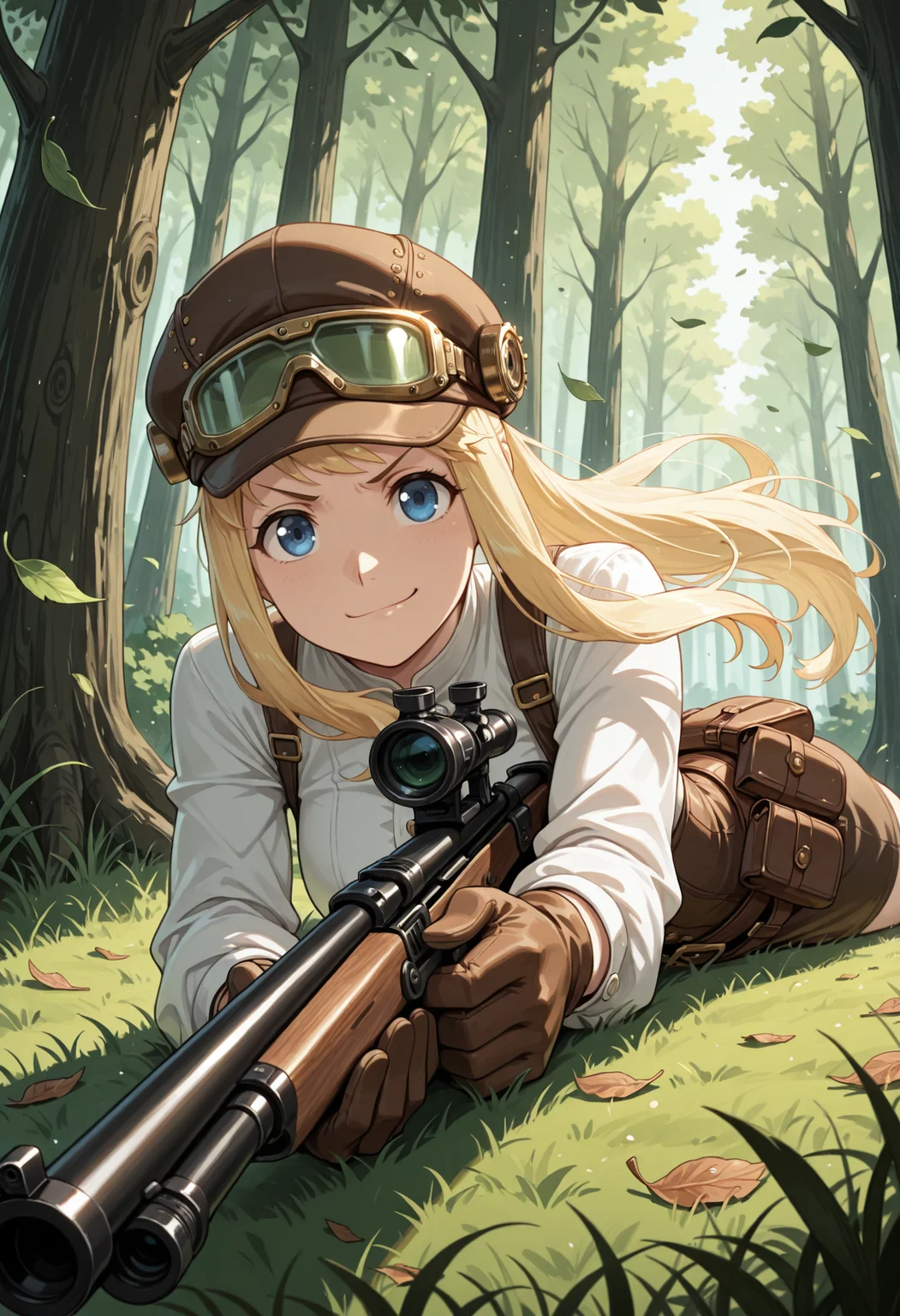 masterpiece, best quality, highres, absurdres, very awa, 1girl, solo, wnrbll, blonde hair, sidelocks, long hair, corset, suspenders, (steampunk), cabbie hat, belt pouch, pouch, bag, shoulder bag, outdoors, forest, nature, tree, falling leaves, leaf, wind, lying, on stomach, aiming, foreshortening, gun, holding gun, rifle, scope, sniper rifle, blue eyes, gloves, grass, safety glasses, v-shaped eyebrows, smirk, closed mouth