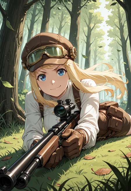 masterpiece, best quality, highres, absurdres, very awa, 1girl, solo, wnrbll, blonde hair, sidelocks, long hair, corset, suspenders, (steampunk), cabbie hat, belt pouch, pouch, bag, shoulder bag, outdoors, forest, nature, tree, falling leaves, leaf, wind, lying, on stomach, aiming, foreshortening, gun, holding gun, rifle, scope, sniper rifle, blue eyes, gloves, grass, safety glasses, v-shaped eyebrows, smirk, closed mouth