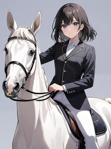 masterpiece,ultra-detailed,best quality,8K,illustration,cute face,clean skin ,shiny hair,girl,ultra-detailed-eyes,simple background, <lora:add-detail-xl:1> <lora:kisyu_XL_V1.0:0.6> kisyu, horse, riding, white pants, black jacket