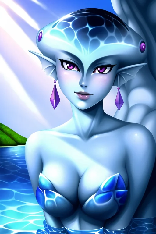 masterpiece, best quality, a portrait of princess ruto, fantasy, water, ruto, slim, breasts, realistic, blue skin, zora, 1girl, earrings, fin, fish girl, fin ears, purple eyes, solo, upper body, legs, slim waist, hip focus