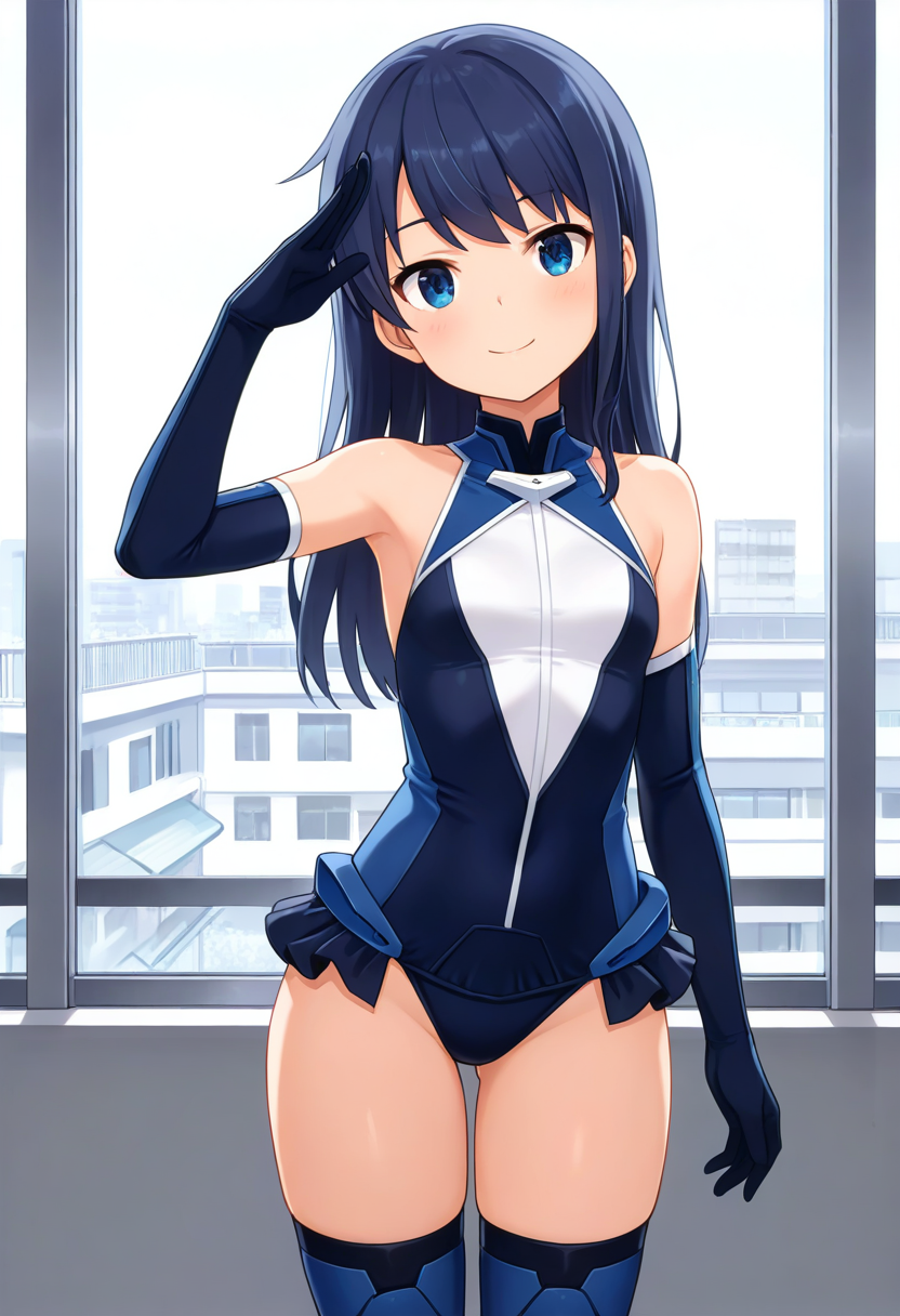 masterpiece, best quality, absurdres, very aesthetic, general, 1girl, mtmdef, (acesuit), dark blue hair, long hair, leotard, black frills, elbow gloves, thighhighs, standing, head tilt, salute, smile, window, <lora:ILmutsumiAGA:0.7>