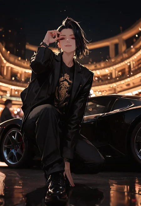 masterpiece, best quality, good quality, very aesthetic, absurdres,
newest, 8K, depth of field, focused subject,visual storytelling,dynamic composition,
close up, stylized, scenery, bokeh,blurred background,
Black Myth Wukong, male sun wukong,
chinese mythology,( dynamic pose:1.3), smirking face,
full body focus,
casual clothes, wearing luxurious black jeans and luxurious black t-shirt with gothic design, luxurious jacket, expensive stylish jacket, gothic jacket, expensive black watch
windblown hair,
mythic scale, sakura petals, mystic mist,
cinematic composition, backlighting, volumetric light, vegas city scene, symbolic environment, god-tier illustration,(sketch:1.3), taking a selfie in front of a black lamborghini aventador with spoiler and body kit (car is black, chrome carbon fiber details, chrome rims), night scene under the moon, in front of a luxury casino