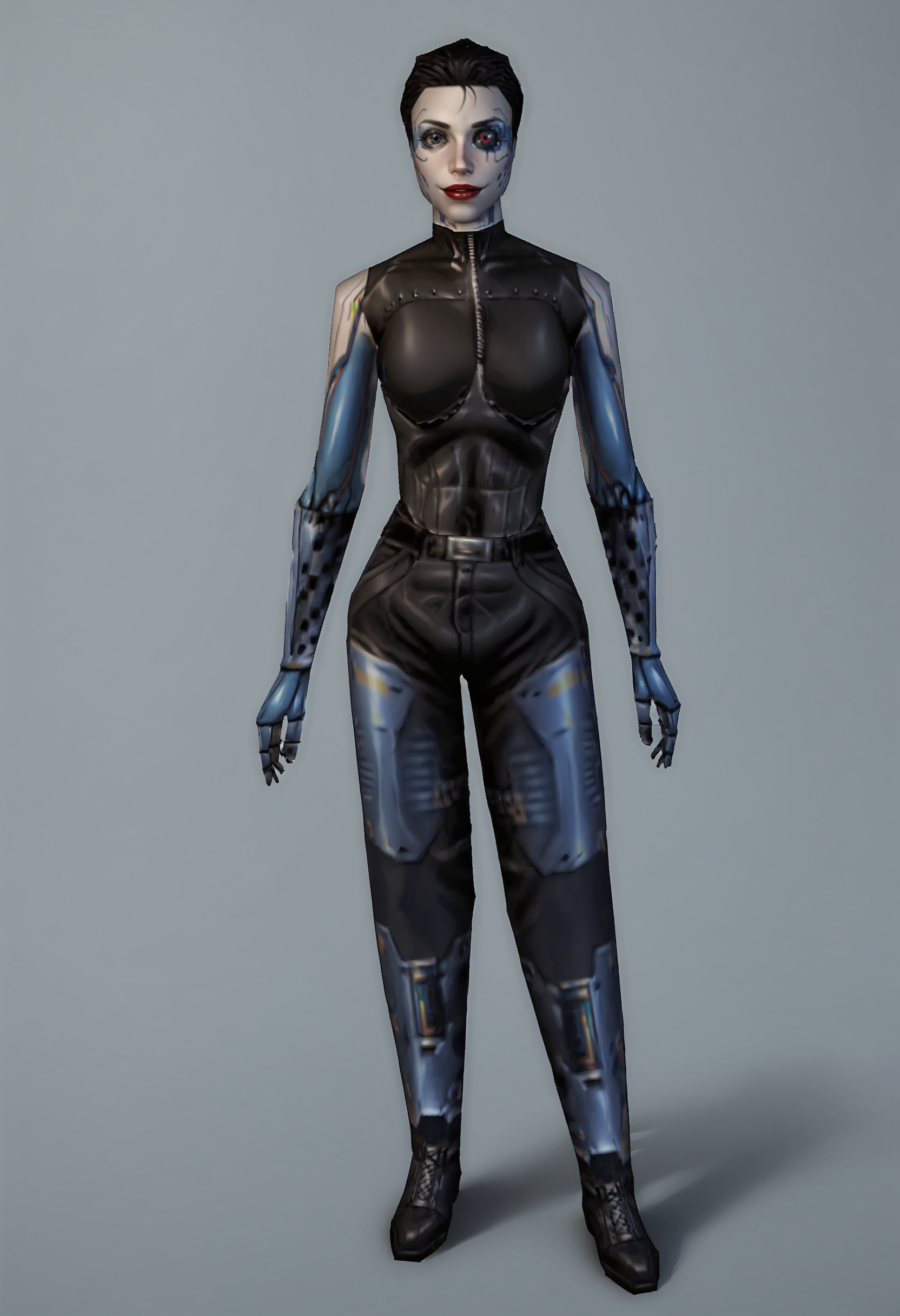 score_9, score_8_up, score_7_up, score_6_up, score_5_up, score_4_up, 1girl, <lora:AnnaNavarre:0.85> , solo, breasts, cyborg, short hair, black hair, robot joints, mechanical parts, mechanical arms, red lips, makeup, bodysuit, pants, latex, boots, robot eye, full body, standing, from behind, looking at viewer, smile,
(light blue background), simple background,