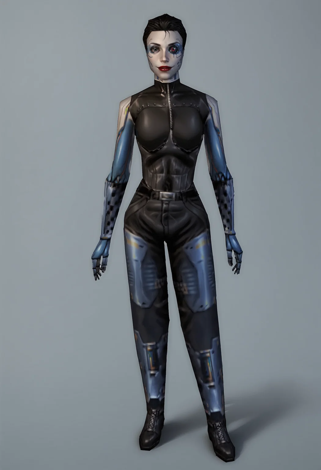 score_9, score_8_up, score_7_up, score_6_up, score_5_up, score_4_up, 1girl, <lora:AnnaNavarre:0.85> , solo, breasts, cyborg, short hair, black hair, robot joints, mechanical parts, mechanical arms, red lips, makeup, bodysuit, pants, latex, boots, robot eye, full body, standing, from behind, looking at viewer, smile,
(light blue background), simple background,