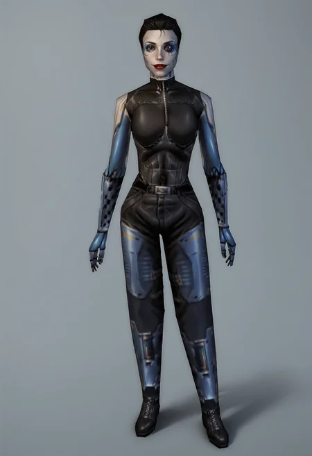 score_9, score_8_up, score_7_up, score_6_up, score_5_up, score_4_up, 1girl, <lora:AnnaNavarre:0.85> , solo, breasts, cyborg, short hair, black hair, robot joints, mechanical parts, mechanical arms, red lips, makeup, bodysuit, pants, latex, boots, robot eye, full body, standing, from behind, looking at viewer, smile,
(light blue background), simple background,
