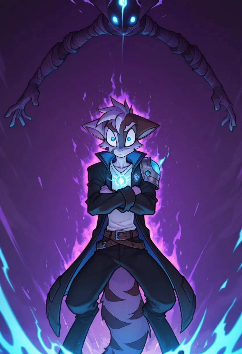 Mace, Dreamkeepers, 1boy, solo, standing, glare, arms down, fists, strong, power, epic, blue aura, blue glow, glowing blue, glowing eyes, single armor shoulder plate, long jacket, dangling arms, ((epic)), blue eyes, open jacket, white shirt, eyes half closed, anthropomorphic, feline-like, spiky hair, tail, front view, masterpiece, high detail, ((epic)), black jacket, wavy hair, looking at viewer, blue shoulder plate, glowing eyes, blue glow, purple sky, black pants, belts,