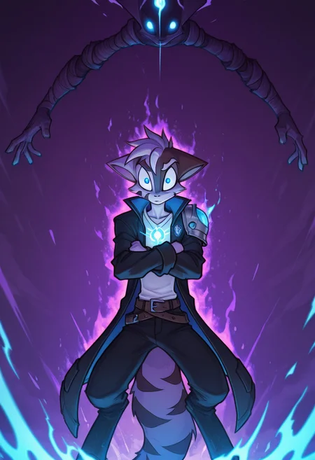 Mace, Dreamkeepers, 1boy, solo, standing, glare, arms down, fists, strong, power, epic, blue aura, blue glow, glowing blue, glowing eyes, single armor shoulder plate, long jacket, dangling arms, ((epic)), blue eyes, open jacket, white shirt, eyes half closed, anthropomorphic, feline-like, spiky hair, tail, front view, masterpiece, high detail, ((epic)), black jacket, wavy hair, looking at viewer, blue shoulder plate, glowing eyes, blue glow, purple sky, black pants, belts,
