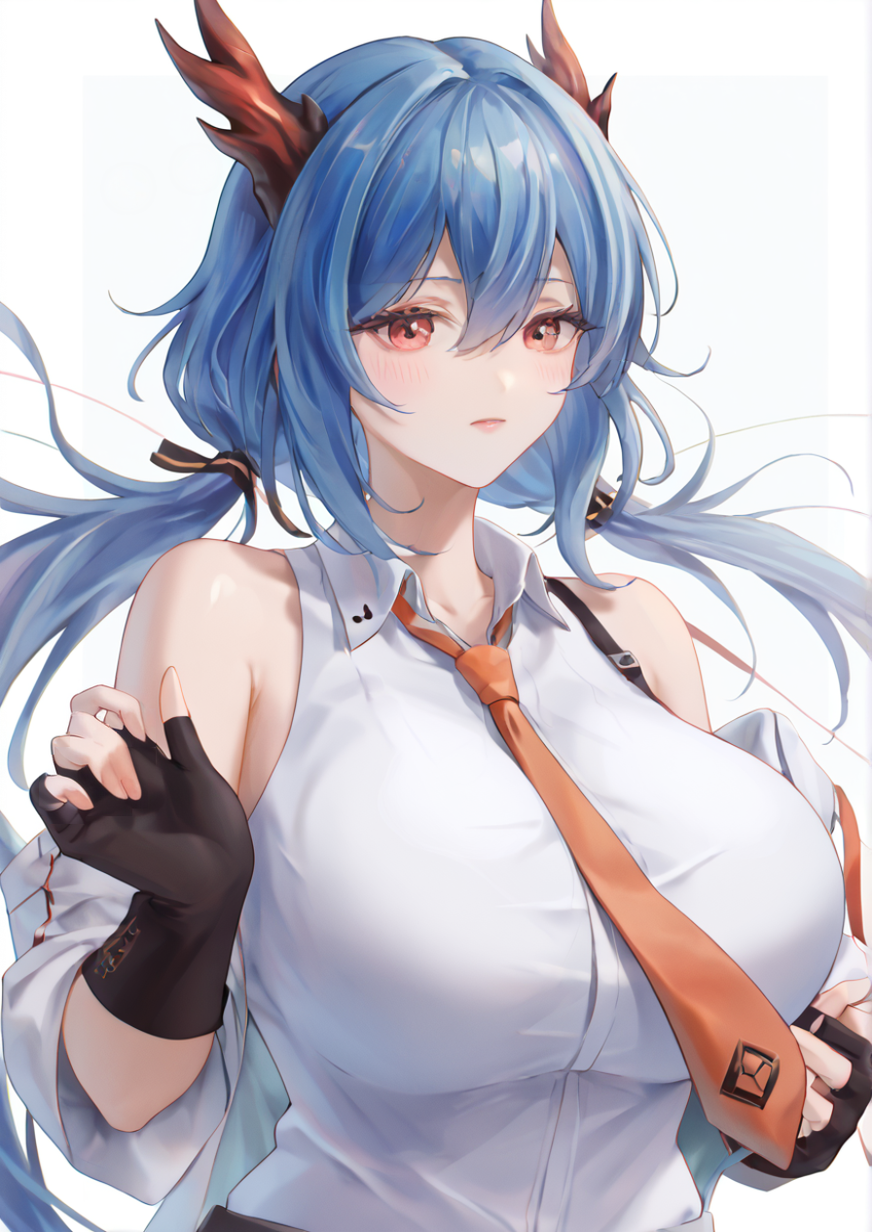 1girl, ch'en (arknights), huge breast, , bare shoulders, blue hair, blush, breasts, closed mouth, collared shirt, dragon horns, fingerless gloves, gloves, hair between eyes, horns, long hair, loose necktie, low twintails, necktie, off shoulder, orange necktie, red eyes, shirt, sleeveless, sleeveless shirt, solo, twintails, upper body, white shirt, handfixer,zPDXL3 <lora:Breast Slider - Pony_alpha1.0_rank4_noxattn_last:3> <lora:HandFixer_pdxl_Incrs_v1:1> <lora:è±ç¶µkns_hanazuna:1>