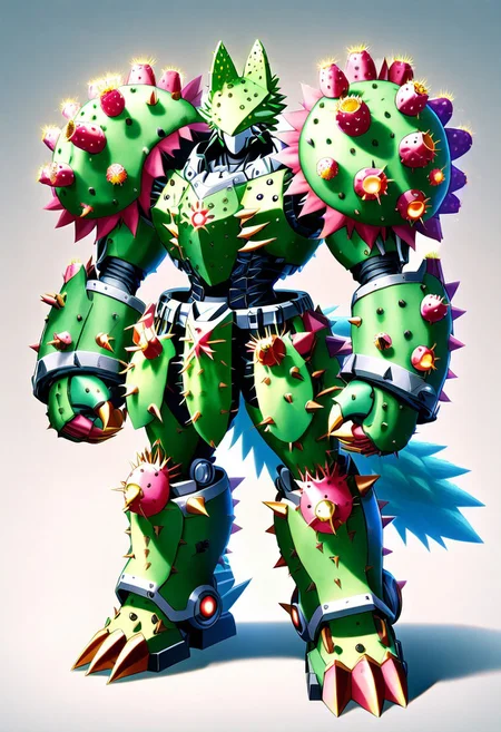 score_9, score_8_up, score_7_up, cs-l3ath3r, NCRender,
Hidegarurumon is a fierce, wolf-like Digimon covered in rugged, dark brown Prickly Cactus armor. Its fur is sparse and resembles a patchwork of aged, Prickly Cactus pieces that provide both flexibility and durability. The armor on its body is reinforced with Prickly Cactus straps and buckles, designed to offer both protection and mobility. Its glowing yellow eyes shine through a mask-like Prickly Cactus faceplate, and sharp Prickly Cactus claws extend from its paws, capable of tearing through most materials. A large, jagged Prickly Cactus tail swishes behind it, hardened to serve as both a weapon and a tool for balance in combat. NCRender