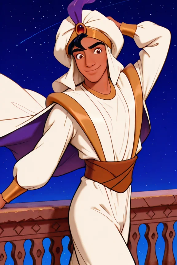 aladdin, male focus, 1boy, dark-skinned male, smile, closed mouth, dark skin, solo, night, star (sky), sky, balcony, cape, outdoors, black hair, alternate costume, dynamic pose, dynamic angle, turban, short hair, long sleeves, starry sky, looking at viewer
<lora:Better_Bodies_By_Stable_Yogi_SDPD0_V1:1>   <lora:Aladdin_-_Disney_IL_Lora:1>, masterpiece, best quality, amazing quality, very aesthetic, absurdres,  newest, (volumetric lighting)