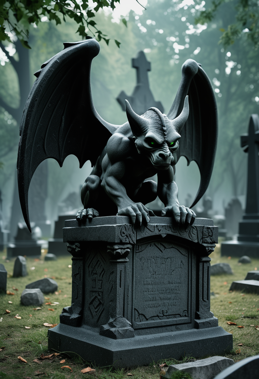 (medium full shot) of (mystical basalt dark smooth stone gargoyle) with perched body, stone wings, green eyes, broken horns, runic engravings spiked tail, set in  a shadowy cemetery, with leaning tombstones, flickering lanterns, an eerie atmosphere, ,Masterpiece,best quality, raw photo, realistic, very aesthetic