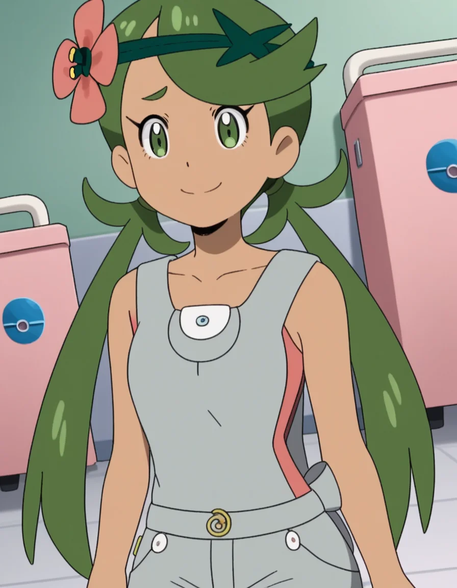 score_9, score_8_up, score_7_up, source_anime, <lora:pokemon-mallow-anime-ponyxl-lora-nochekaiser:1>, mallow, long hair, bangs, hair ornament, twintails, green eyes, flower, green hair, hair flower, dark skin, dark-skinned female, swept bangs, mallow (pokemon), collarbone, sleeveless, pink shirt, overalls,, hospital room, bedside, get well flowers, comforting, quiet, smile, , knee bent, arm across chest, foot on ground, solo,, cowboy shot, dutch angle