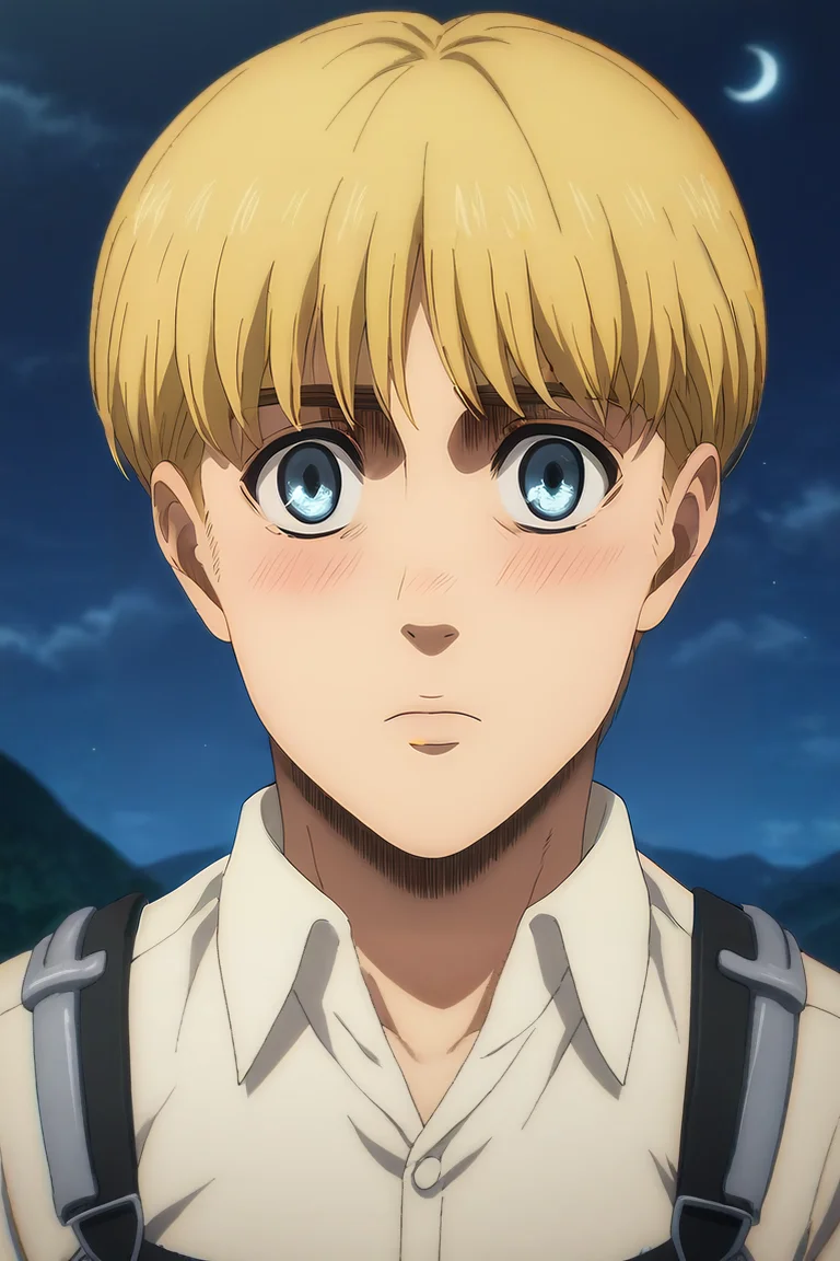 score_9, score_8_up, score_7_up, source_anime, rating_safe, intricate details, anime screencap, , , looking at viewer, depth of field, 1boy, solo, male focus, <lora:armin_arlert_pony:1>, armin_arlert, blonde hair, blue eyes, very short hair, bowl cut, from afar, full body, mountaintop city, night, crescent moon, arm support, shy, blush, , <lora:sdxl_lightning_8step_lora:1>