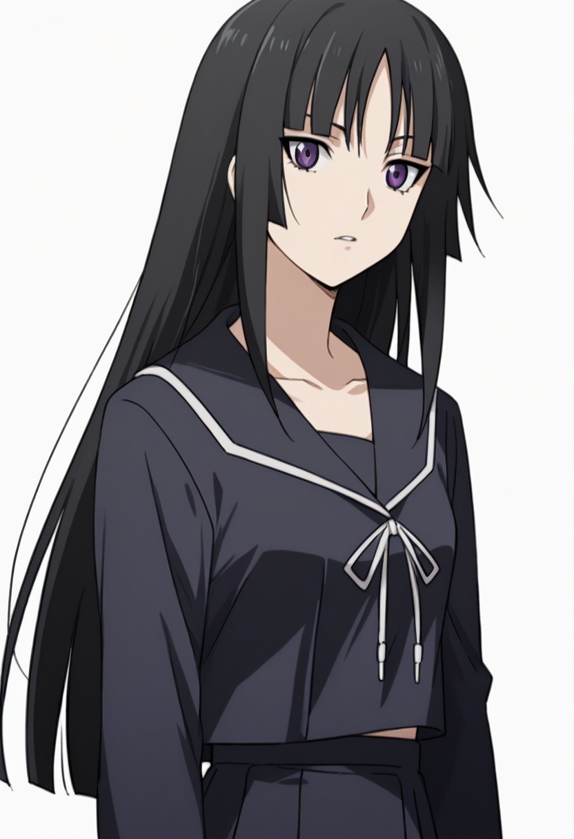 score_9, score_8_up, score_7_up, source_anime, rating_safe, <lora:i_yomi_PONY-100009:1.0> i_yomi, 1girl, solo, long hair, black hair, hime cut, purple eyes, parted lips, black serafuku, yomi school uniform, skirt, black skirt,  anime coloring, white background,