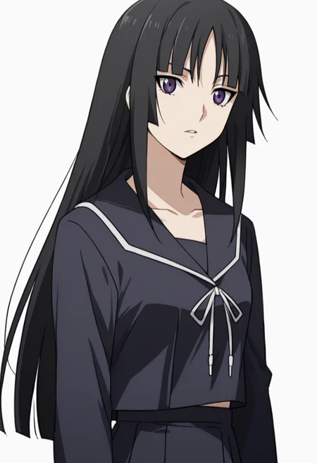 score_9, score_8_up, score_7_up, source_anime, rating_safe, <lora:i_yomi_PONY-100009:1.0> i_yomi, 1girl, solo, long hair, black hair, hime cut, purple eyes, parted lips, black serafuku, yomi school uniform, skirt, black skirt, anime coloring, white background,